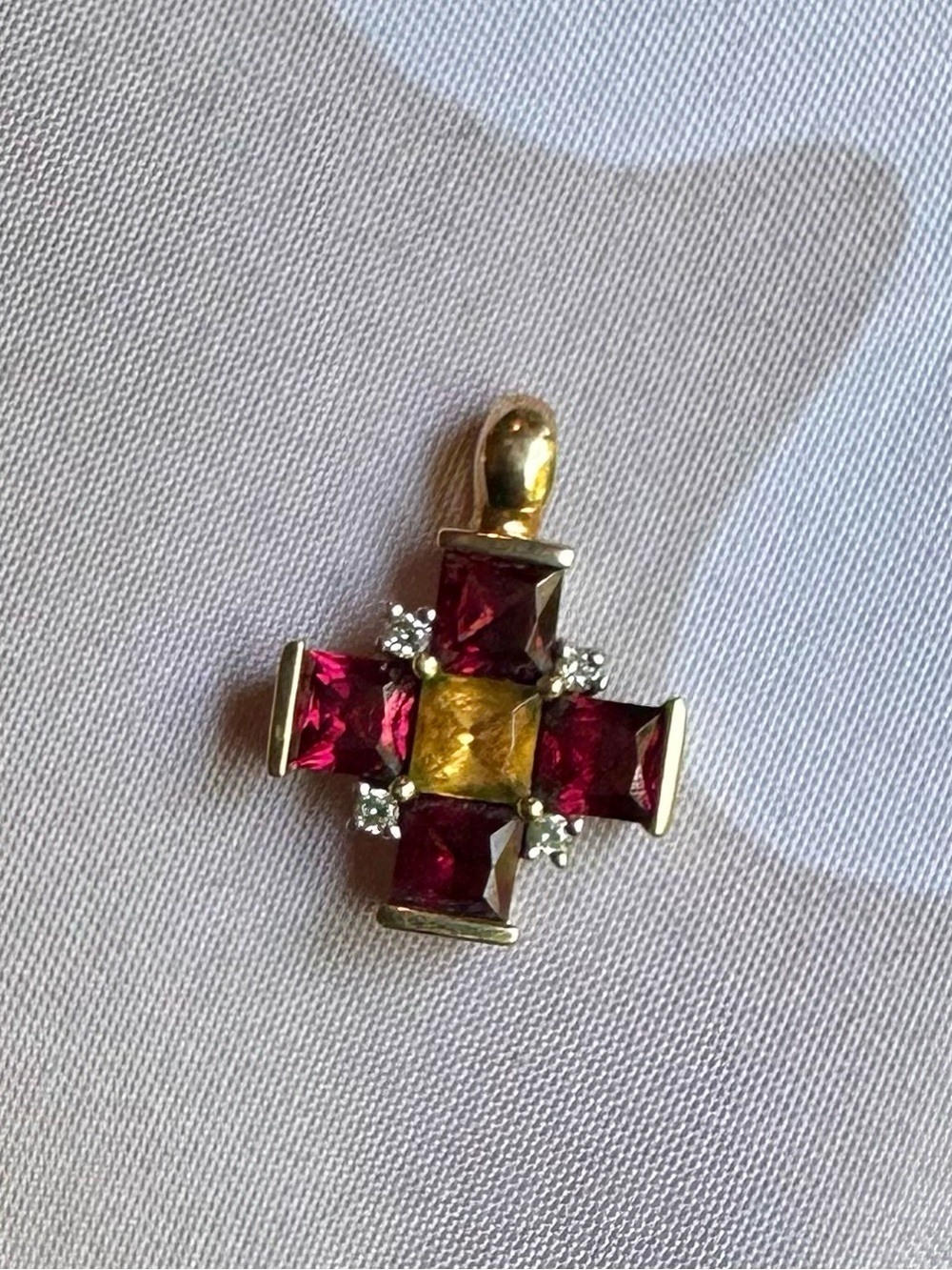 Gold Cross Pendant with Garnet and Citrine Stones, and Diamonds